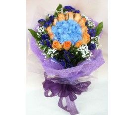 F50 BLUE HYDRANGEA WITH 12PCS ORANGE ROSES BOUQUET